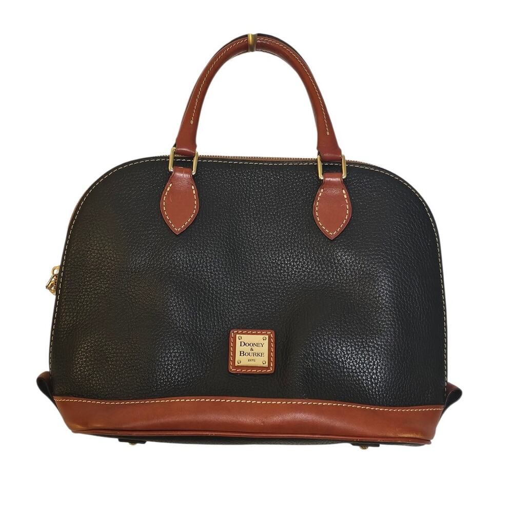 Dooney & Bourke 1975 Black Pebbled Leather Dome Satchel Brown Trim